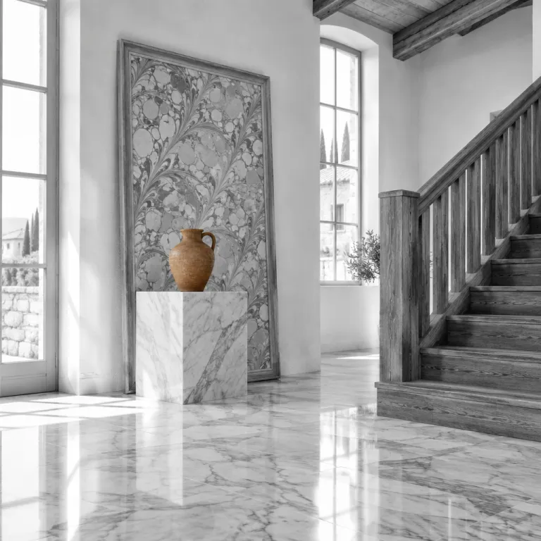 Italian marbling elegance in Tuscan hotels: stone, wood, and timeless paper art